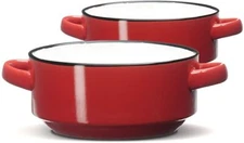 Baking Serving Ceramic Red Soup Bowls with Handles - 16 Ounce - Set of 2