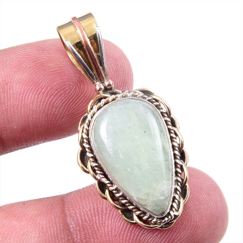 Aquamarine Gemstone 925 Sterling Silver Two-Tone Pendant 1.5 Inch