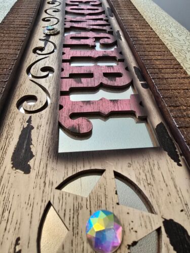 RUSTIC WESTERN COWGIRL WOODEN MIRROR STUDDED WALL SIGN PLAQUE 24.5" X 8" - Picture 4 of 9