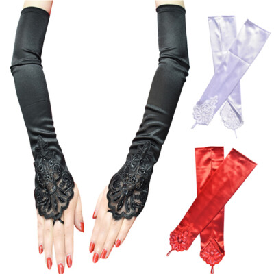 Long Satin Sexy Lace Embroidery Hook Finger Gloves Retro Party Dance Mitten `