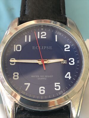Eclipse Watch Black Buckle Band Round Blue Face Date Indicator Silver Toned Case