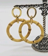 Bamboo Wood Hoop Earrings Dangle Drop Vintage Ornate Gold tone 3 in