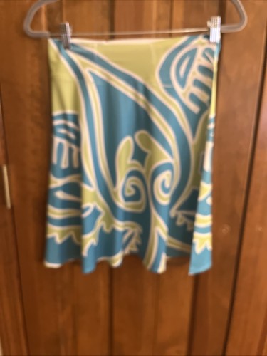 Before + Again - SILKY Lime Green and Aqua Pull on Skirt - Size XS (0950) - Picture 2 of 14