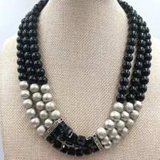 Vintage Triple Strand Black Onyx Style & Silver Stardust Bead Statement Necklace