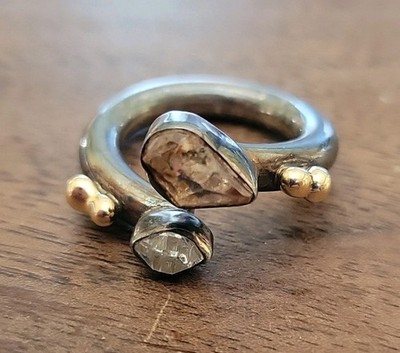 Unsigned LILLY BARRACK Sterling Silver, 14K Gold & Herkimer Diamond Ring Size 6¾