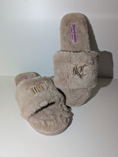 Juicy Couture Women's Beige Faux Fur Slide Slippers XL Logo Beaded