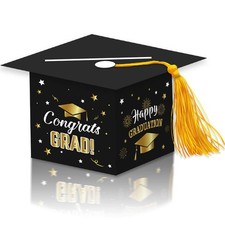 2026 Graduation Party Card Box, Black Gold Congrats Cap Card Holder Box with Tas