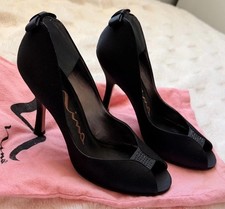 Nina Black Satin Rhinestone Peep Toe Heels Classic Evening Wedding Shoe Size 7