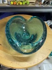 4966 Vtg 1950s Murano Hand Blown Bullicante Art Glass Cigar Ashtray Glows Green 