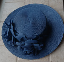 Vintage 1950s Dark Navy Blue Wide Brim Hat w/Ribbon Band and Large Satin Flowers