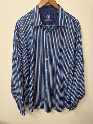 Bugatchi Uomo Classic Fit XL Blue Stripe 100% Cotton Button Front Dress Shirt