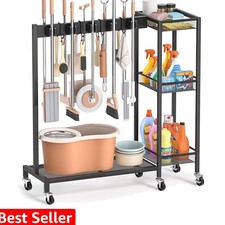 Broom Holder with Cleaning Supplies Organizer, Broom Closet Storage Cabinet w...