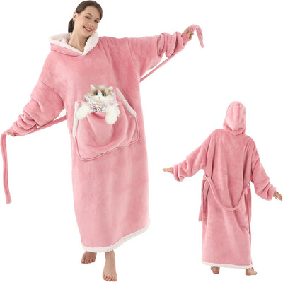 Wearable Blanket Hoodie with Cat Pouch, Oversized Hooded Blanket Sweatshirt Blan