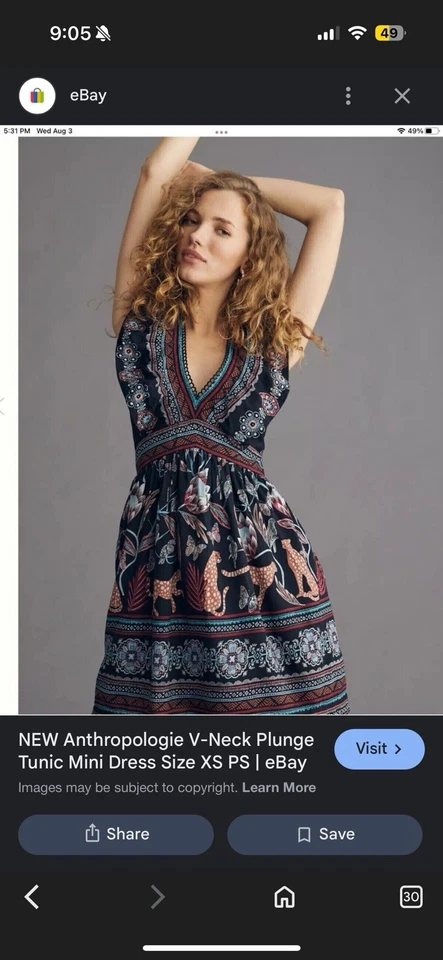 Mini Vestido Túnica Anthropologie Cuello en V Motivo Selva Boho Talla M Mediano Foto 2 de 4