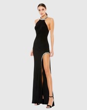NWT Ieena For Mac Duggal 26533 Black Rhinestone Accented Halter Gown