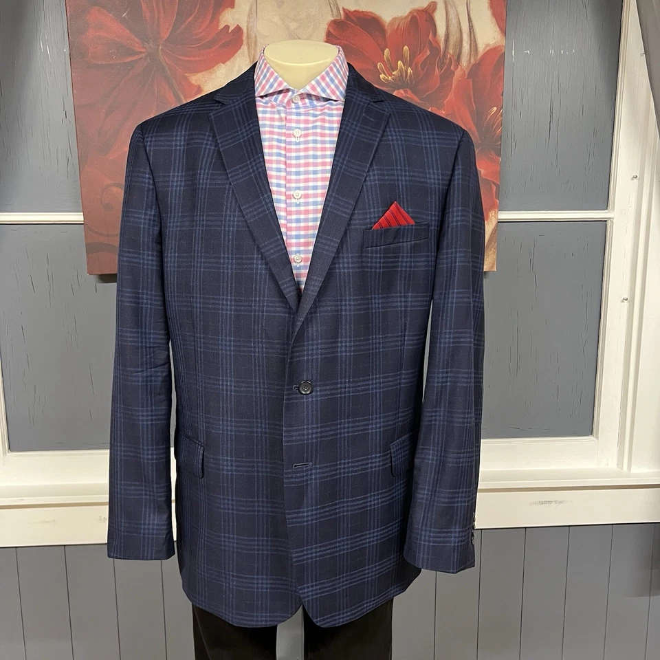 Jos A Bank Blazer Jacket Sport Coat Mens 50L Long Tailored Fit Wool Navy Plaid - Image 2 of 4