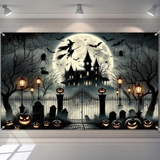 Halloween Witch Banner 71x43 Inch Backdrop with Haunted House, Bats, Pumpkins, S