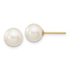 14k 7-8mm White Round Freshwater Cultured Pearl Stud Post Earrings X70PW