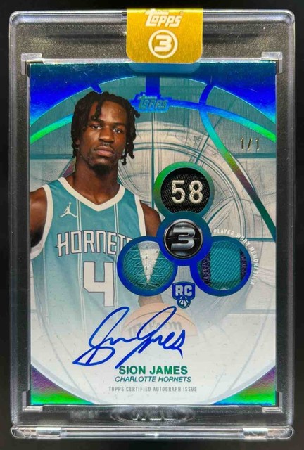 2025-26 Topps Three Sion James Rookie 3 Patch Vertical Auto RC Platinum #1/1