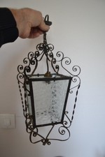 Ancienne lanterne d'intérieur en fer forgé et électrifiée (Verres en bon état)