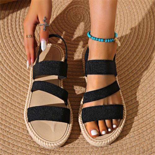 Women's Flat Sandals Elastic Starps Open Toe Slip On Summer Casual Dressy Shoes - Picture 9 of 22