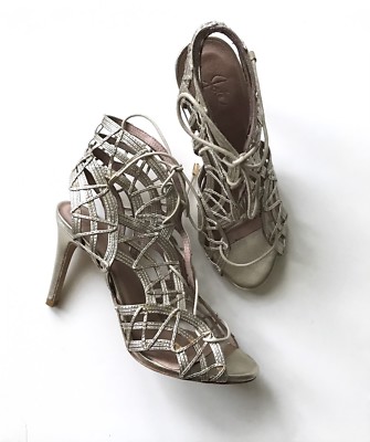 Joie Women's Caged Lace-Up Strappy Sandals Leah White Gold 8 EU 38, New No Box