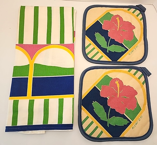 Vintage 90s ML ETRA Dish Towel & Pot Holders Pink Flower Woodchips Designer Set - Picture 18 of 20