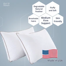MADE IN USA Bed Pillows 15% Goose Down Feather Pillow Set of 2, Cotton Cover