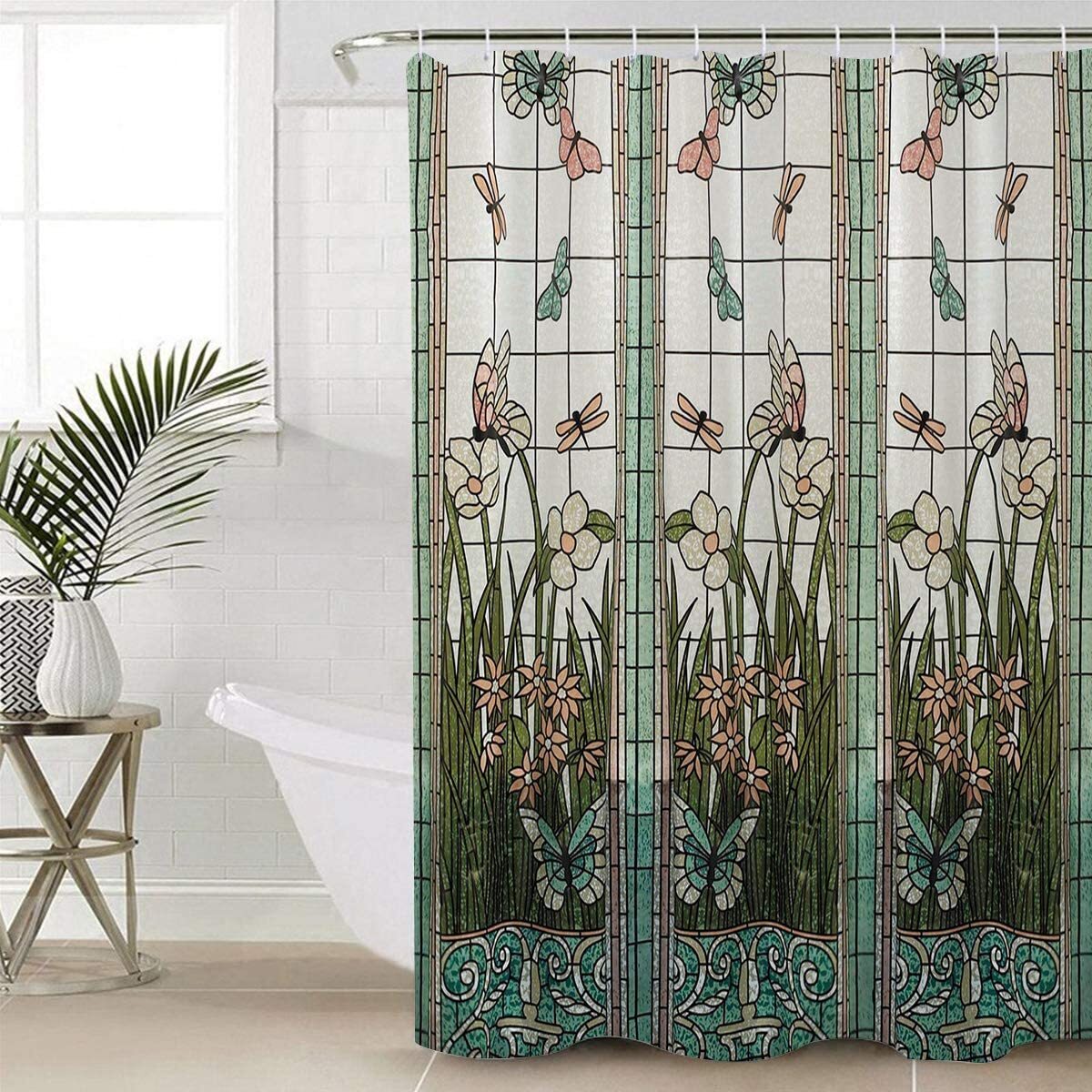 EZONCH Waterproof Shower Curtain Stained Glass Meadow Flower Dragonfly