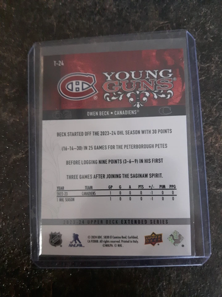 2023-24 Upper Deck Extended Series Retro Young Guns Owen Beck YG RC T-24 - Image 2 of 2