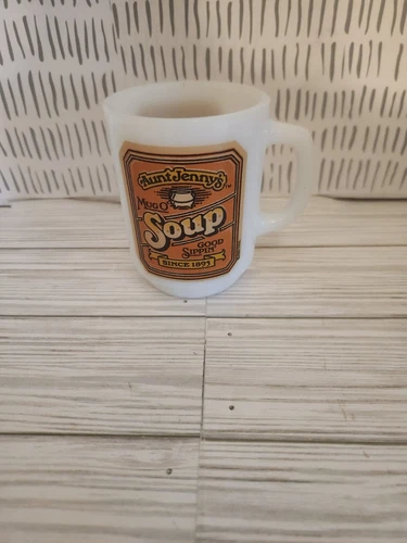 Vintage 1980 Aunt Jenny’s Mug O’ Soup Anchor Hocking Milk Glass Mug Cup Made USA
