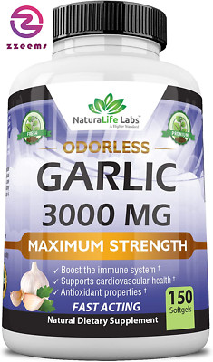 Odorless Pure Garlic 3000 Mg per Serving Maximum Strength 150 Soft Gels Promotes