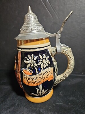 German 7'' Pewter Lidded Beer Stein Frohes Herz Vintage