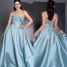Blue Satin Beading Sequined Draped Graduation A-line Strapless Prom Party Gowns