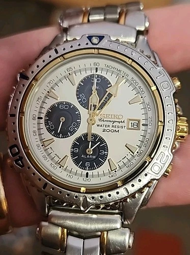Seiko 7T32 7E49 White Chronograph Blue Diver Gold Nautical 200M 43mm Works Great