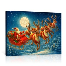 Santa Sleigh Reindeer Full Moon Christmas Wall Art Canvas Poster for Home Decor