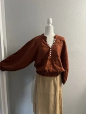 Myrah Penaloza FRIDA Gorgeous Bricks Color100% Linen Button Blouse One Size