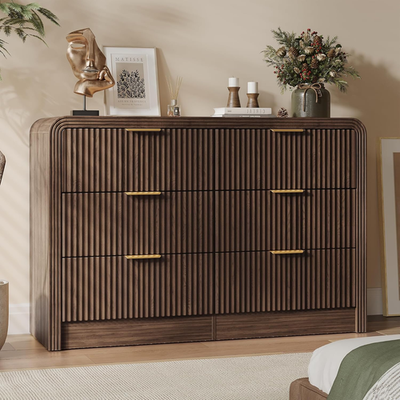 brown dresser gold handles Kicctian 7 Drawers Dresser with LED Lights & Charging Station, Fluted Wood  Chest of Drawers with Gold Handles Dressers for Bedroom & Living Room,Brown