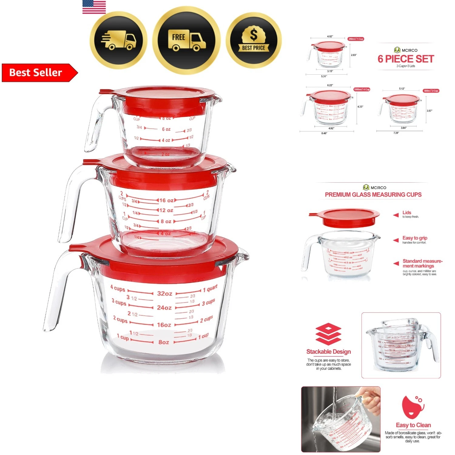Glass Measuring Cups Set with Lids 3 Pcs Nesting Liquid Jugs Kitchen
Opens in a new window or tab