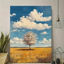 Solitary Tree Field Framed Canvas Stretched Ready to Hang 50x40 Home decor Gift