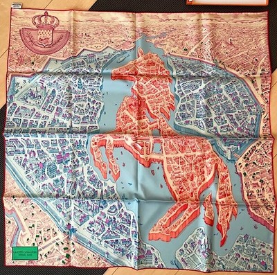 Hermes Scarf Stole La Cite Cavaliere Red Sky Blue Silk Bandana Auth New Carre 90