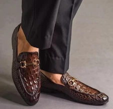 Hand Made Brown Crocodile Texture Leather Moccasin, Dress Office Shoes For Men