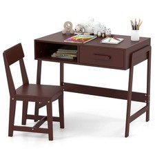 Kids Desk and Chair Set w/ Storage Drawer and Hutch, Student Writing Desk Set