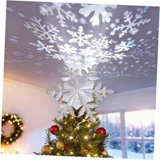  Christmas Tree Topper Lighted with Snowflake Projector, Led Rotating Silver