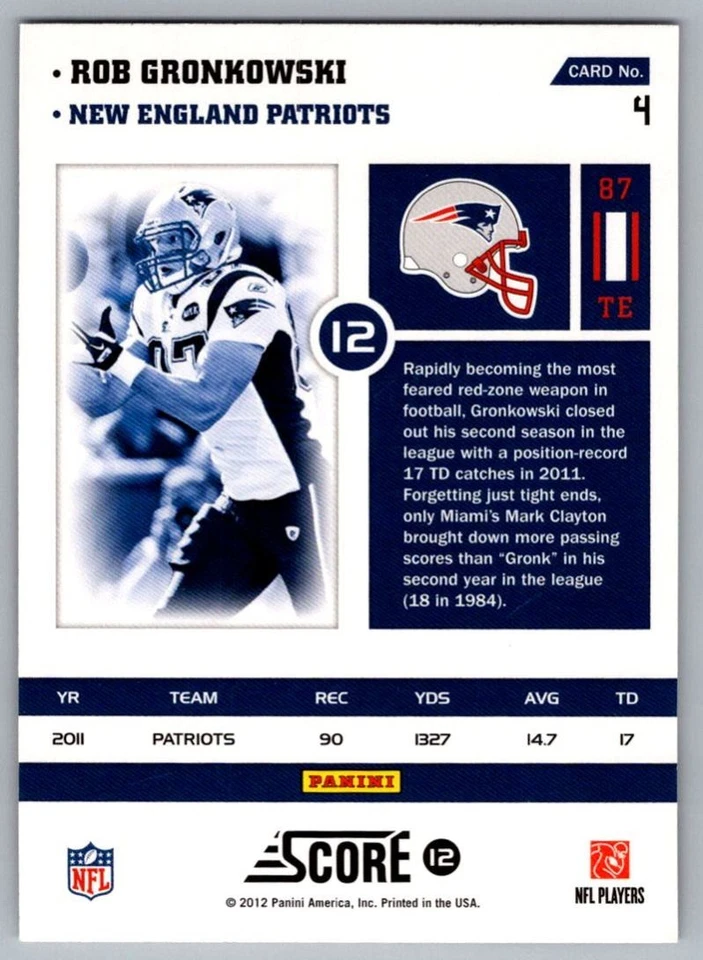 2012 Score Numbers Game Rob Gronkowski New England Patriots #4 - Image 2 of 2