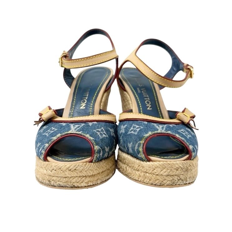 LOUIS VUITTON Vintage Logo Monogram Sandals Heels #36.5 Blue Beige