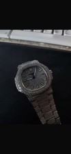 Iced Out Hip Hop Automatic Analogue Wristwatch Silver Bracelet Black Dial