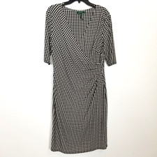 Lauren Ralph Lauren Houndstooth Faux Wrap Dress Women Sz 14 Black White Classic