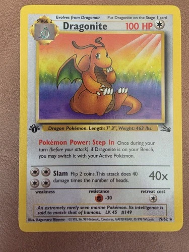 Pokémon TCG Dragonite Card 19/62 Fossil 1st Edition Non Holo WOTC Vintage NM