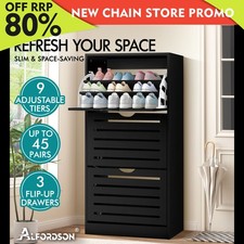 ALFORDSON Shoe Cabinet Organiser Storage Rack Flip Drawers 45 Pairs Black
